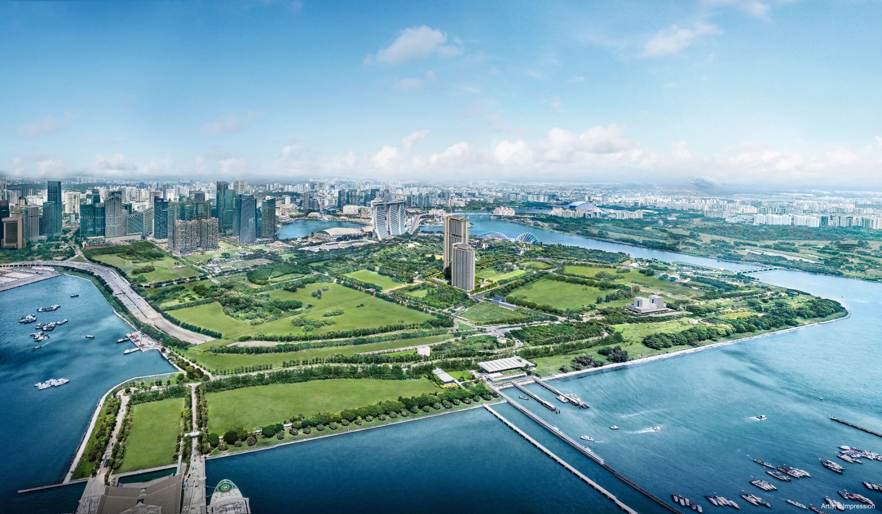 Artist's impression of an aerial view over Marina South, Gardens by the Bay and the sea