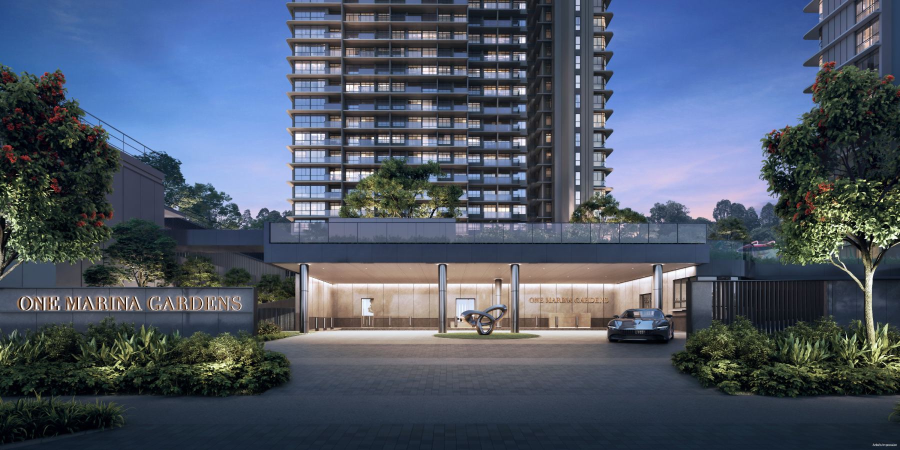 Artist's impression of the One Marina Gardens arrival drive at dusk