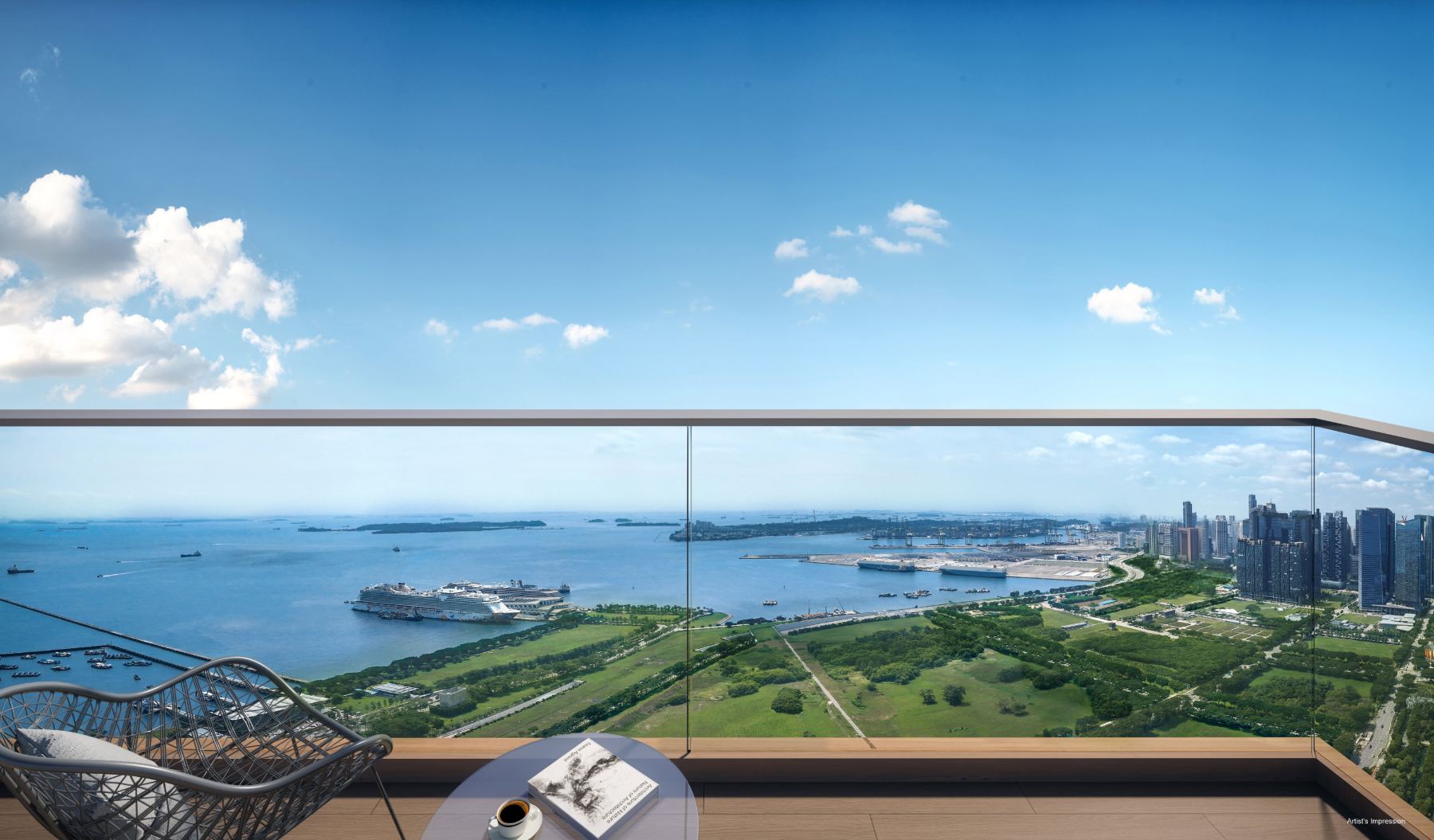 Artist's impression of a balcony view over the sea and Gardens by the Bay