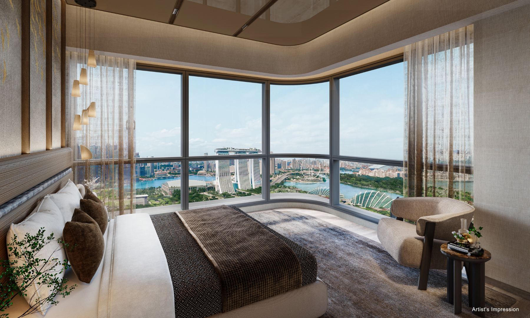Artist's impression of a bedroom with full-height windows