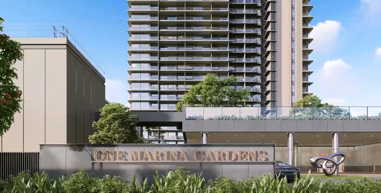 Artist's impression of the One Marina Gardens frontage and entrance signage by day