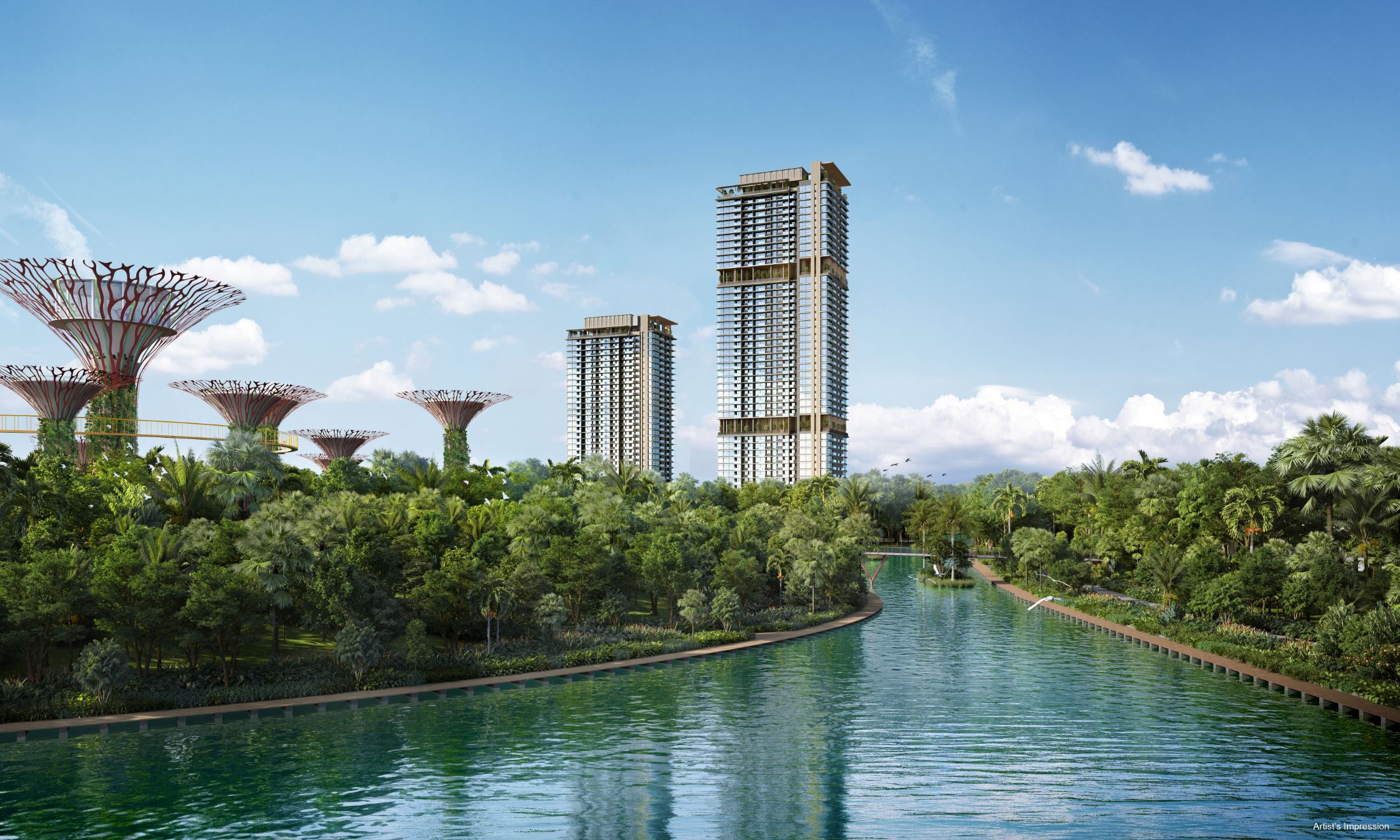 Artist's impression of the two One Marina Gardens towers rising beyond the Supertrees and water of Gardens by the Bay
