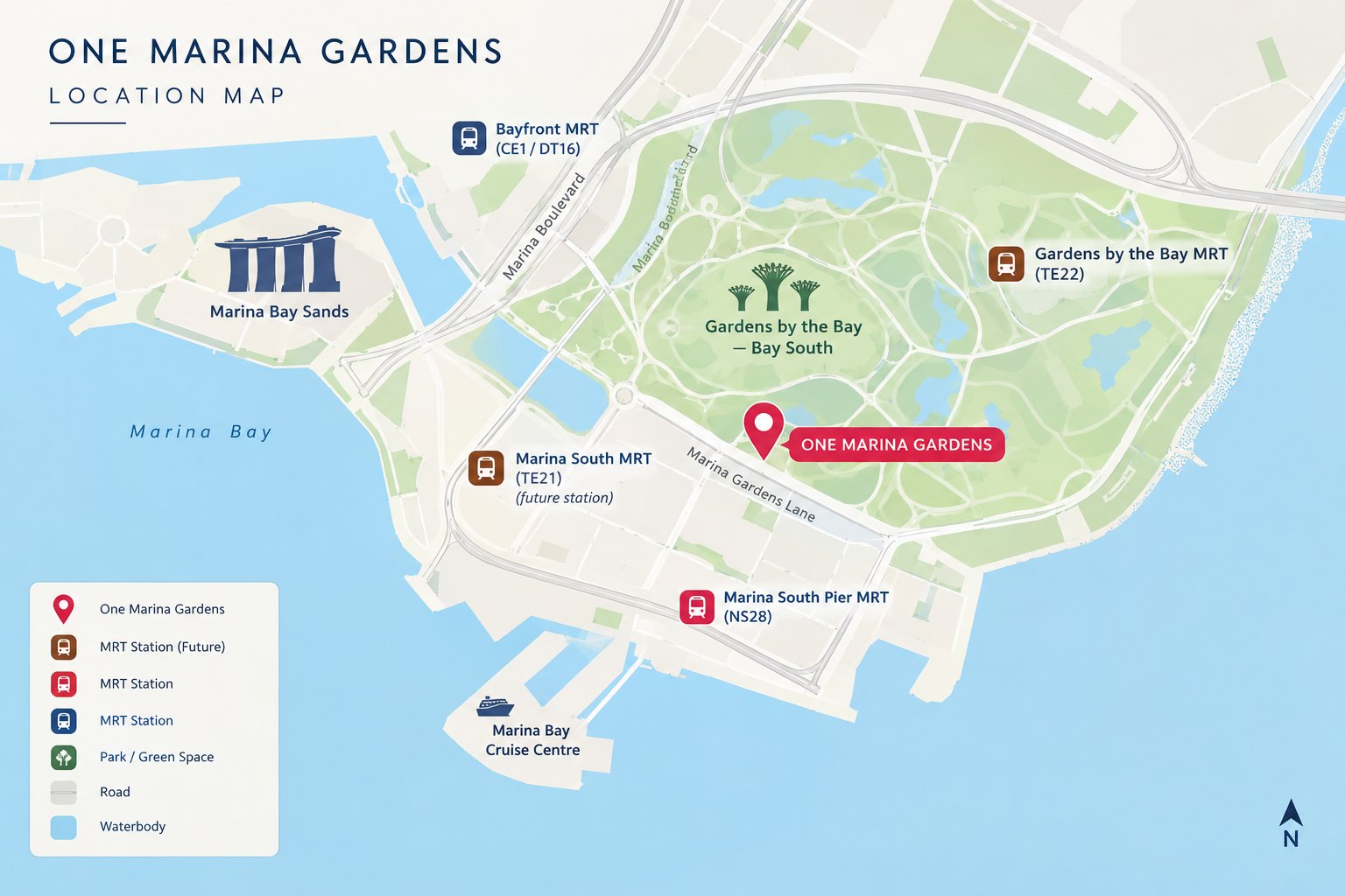 Location map of One Marina Gardens on Marina Gardens Lane, beside Gardens by the Bay Bay South, with Bayfront, Gardens by the Bay and Marina South Pier MRT stations, the future Marina South MRT station, Marina Bay Sands and Marina Bay Cruise Centre