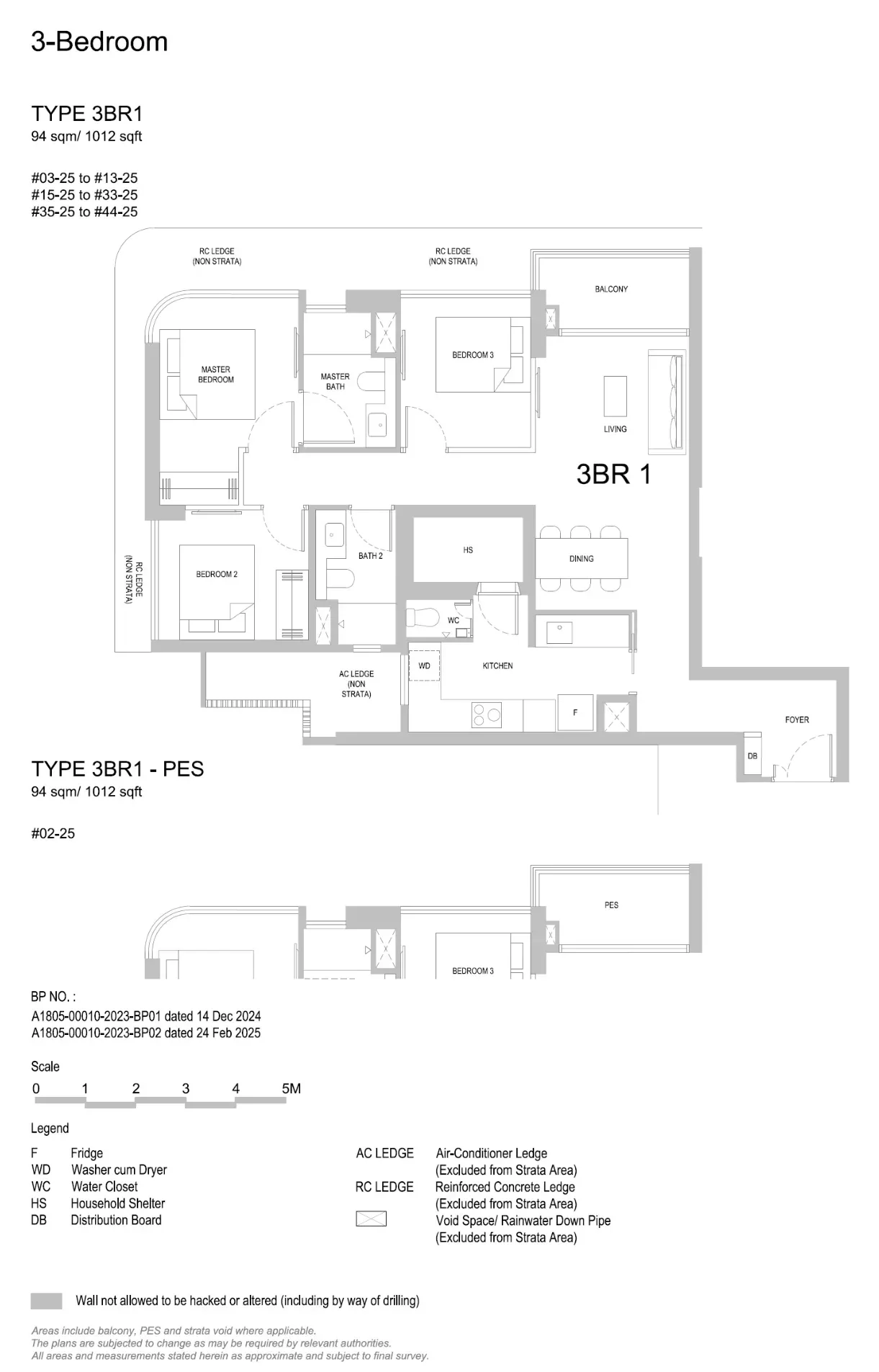 Floor plan of 3 Bedroom Type 3BR1, 1,012 sq ft