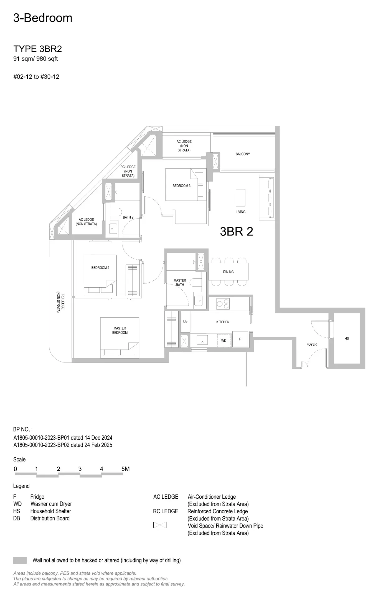 Floor plan of 3 Bedroom Type 3BR2, 980 sq ft