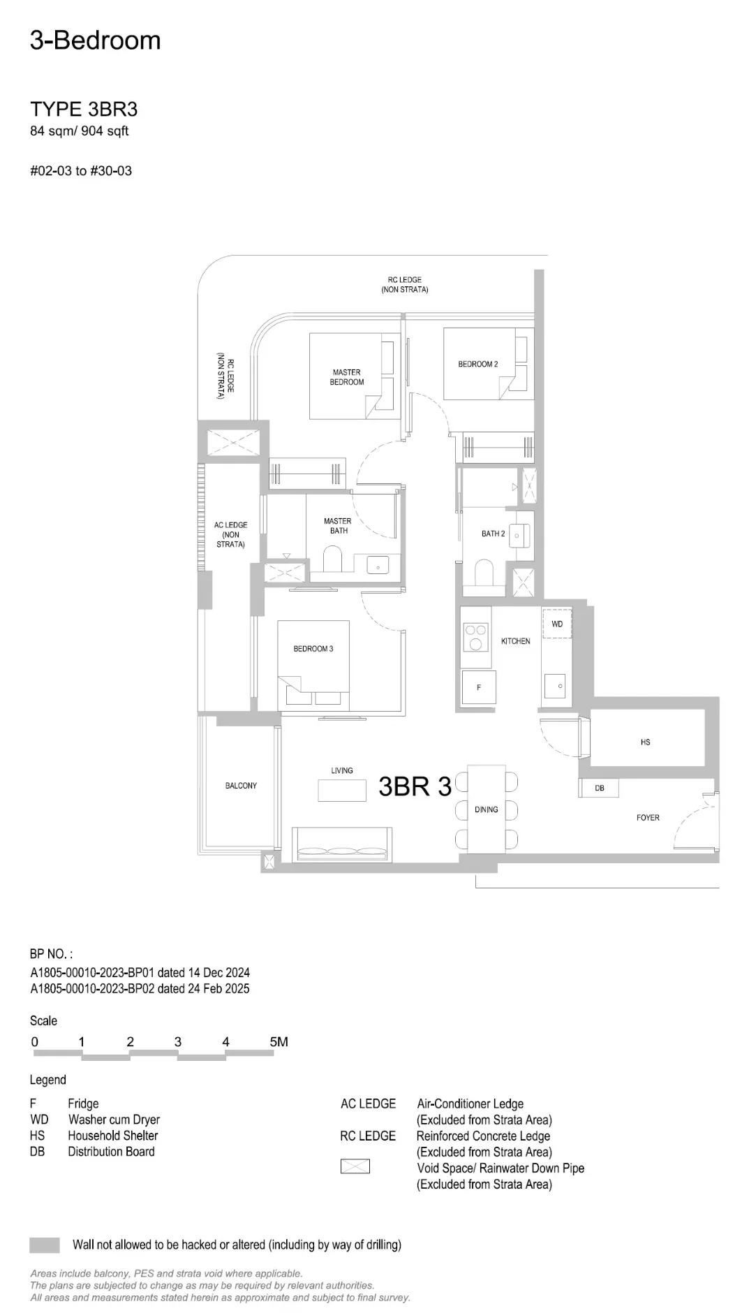 Floor plan of 3 Bedroom Type 3BR3, 904 sq ft