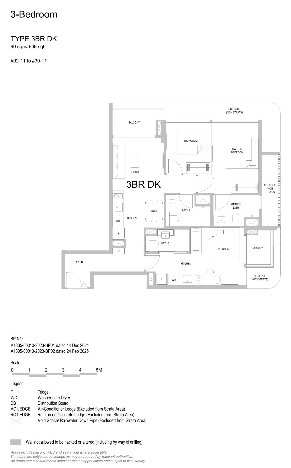 Floor plan of 3 Bedroom Dual Key Type 3BR DK, 969 sq ft